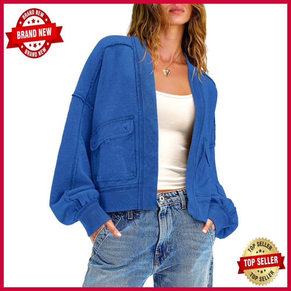 Oversized Cardigan Sweatshirt with Pockets, Long Sleeve, Polyester Blend, Small